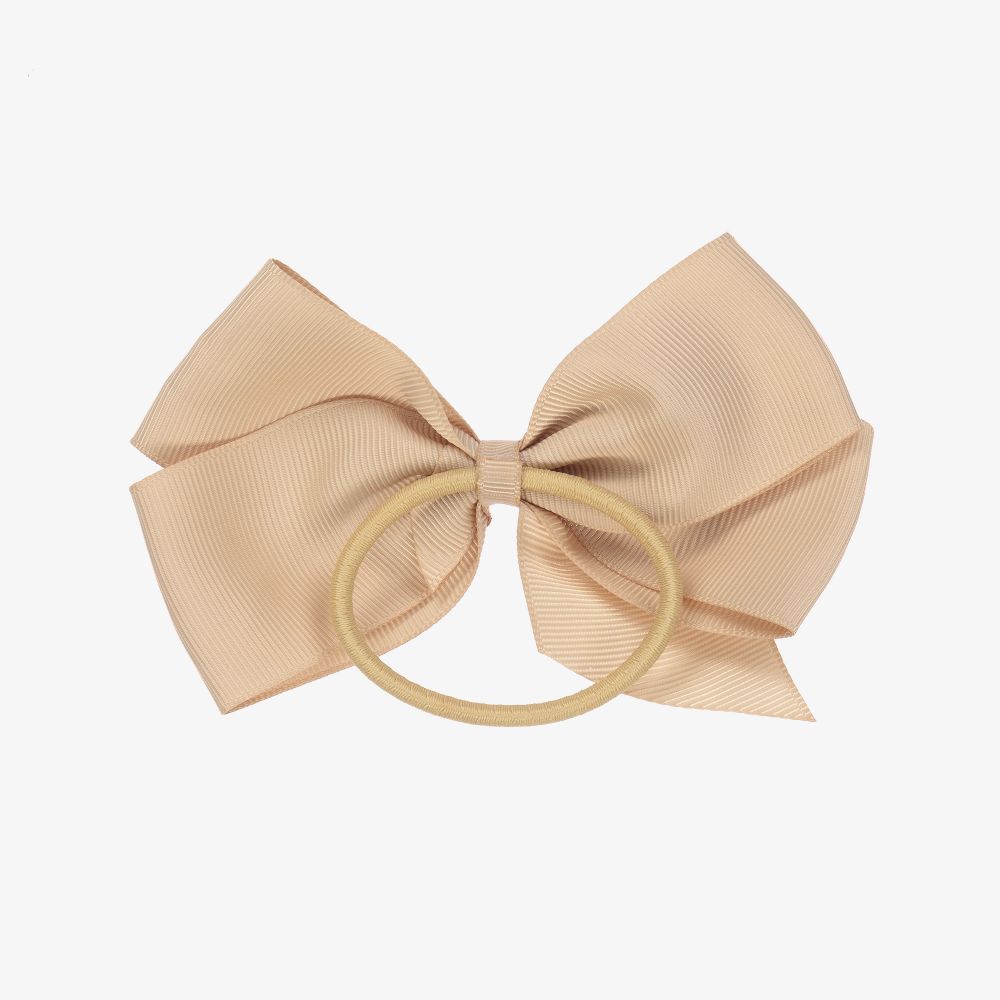 Peach Ribbons-Beige Bow Hair Elastic (12cm) | Childrensalon