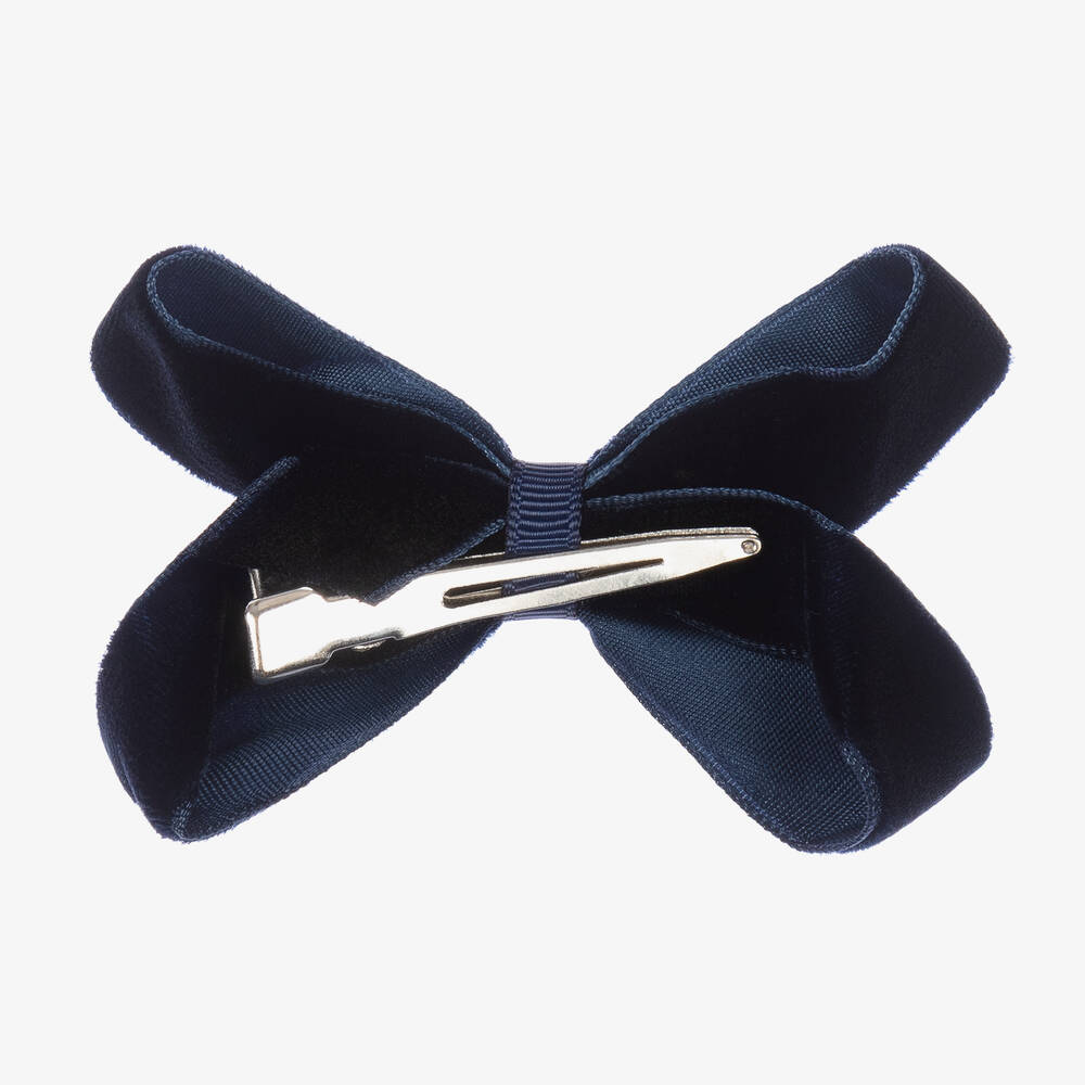 Peach Ribbons-Blue Velvet Bow Clip (7cm) | Childrensalon