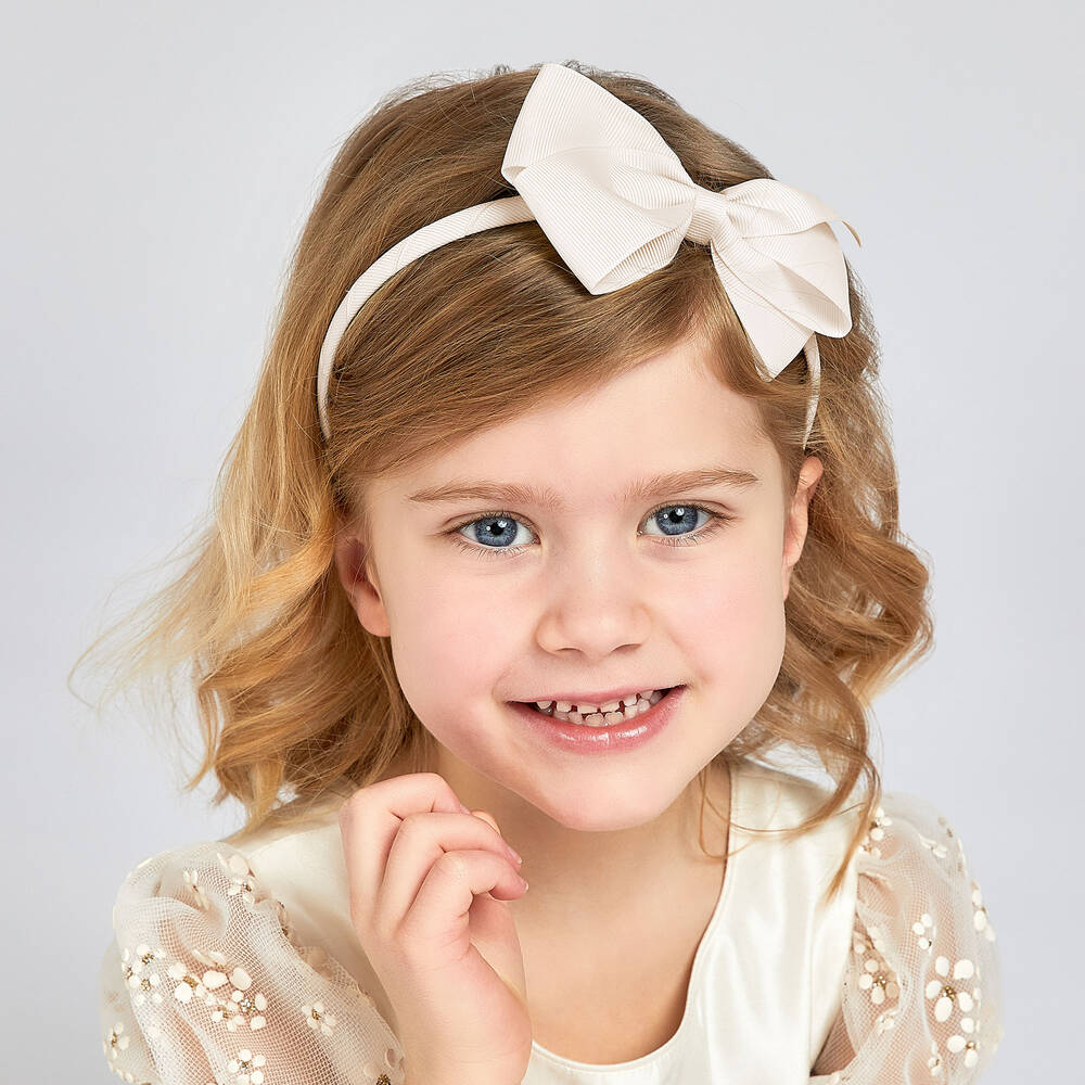 Peach Ribbons-Girls Ivory Bow Hairband | Childrensalon