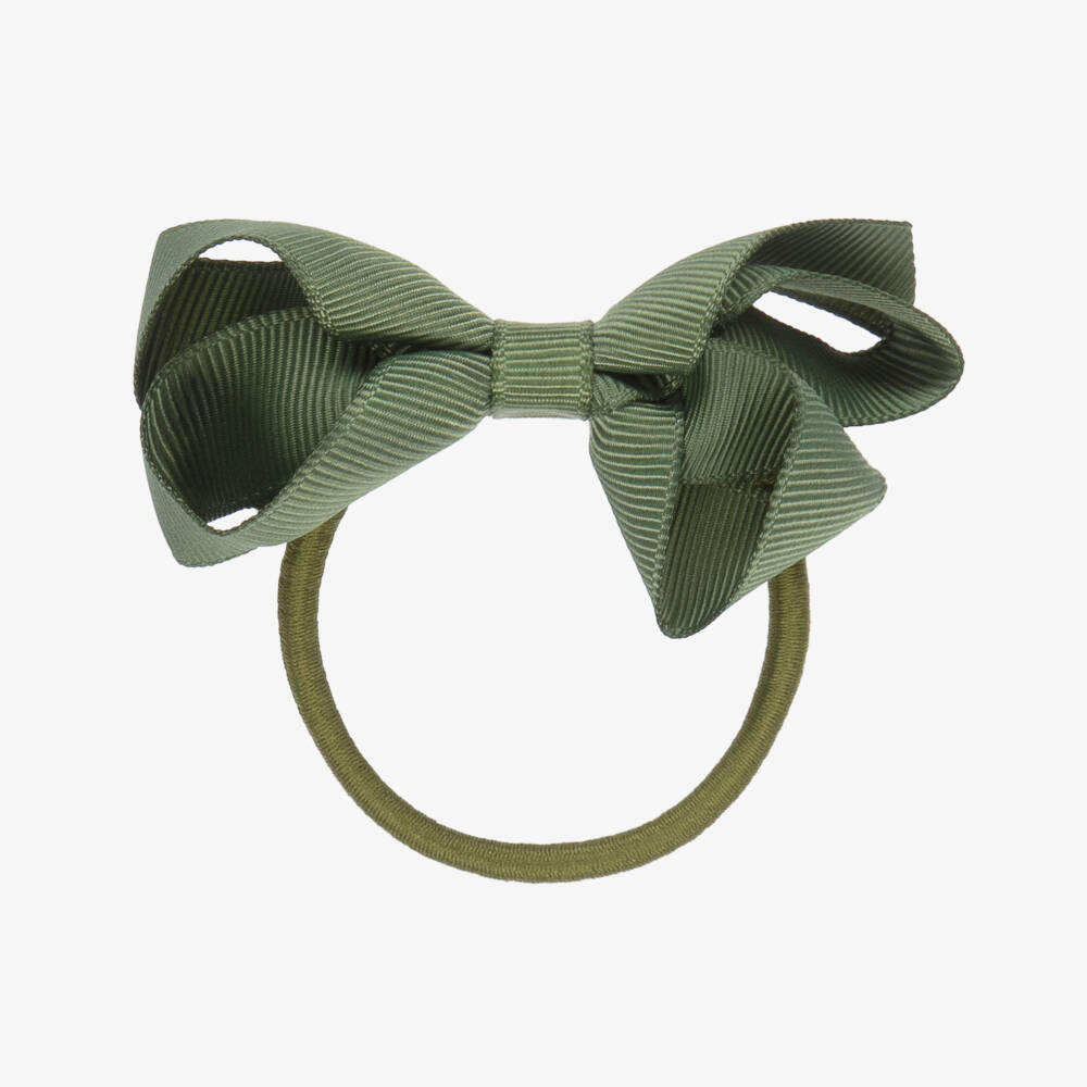 Peach Ribbons-Green Ribbon Bow Hair Elastic (7cm) | Childrensalon