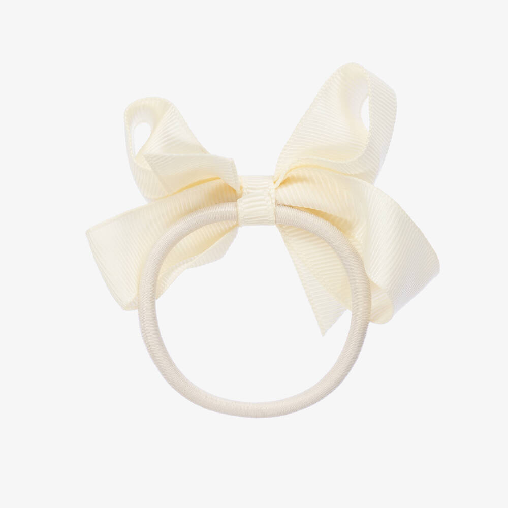 Peach Ribbons-Ivory Bow Hair Elastic (7cm) | Childrensalon