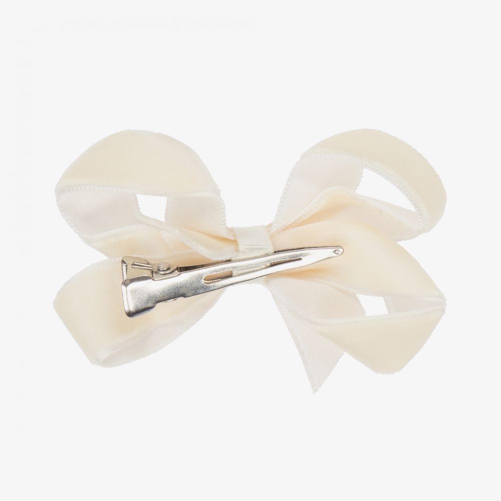 Peach Ribbons-Ivory Velvet Bow Clip (7cm) | Childrensalon