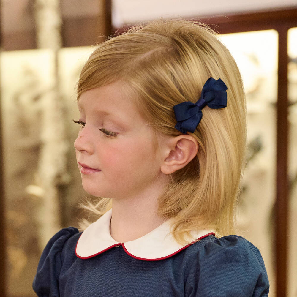 Peach Ribbons-Navy Blue Bow Hair Clip (7cm) | Childrensalon
