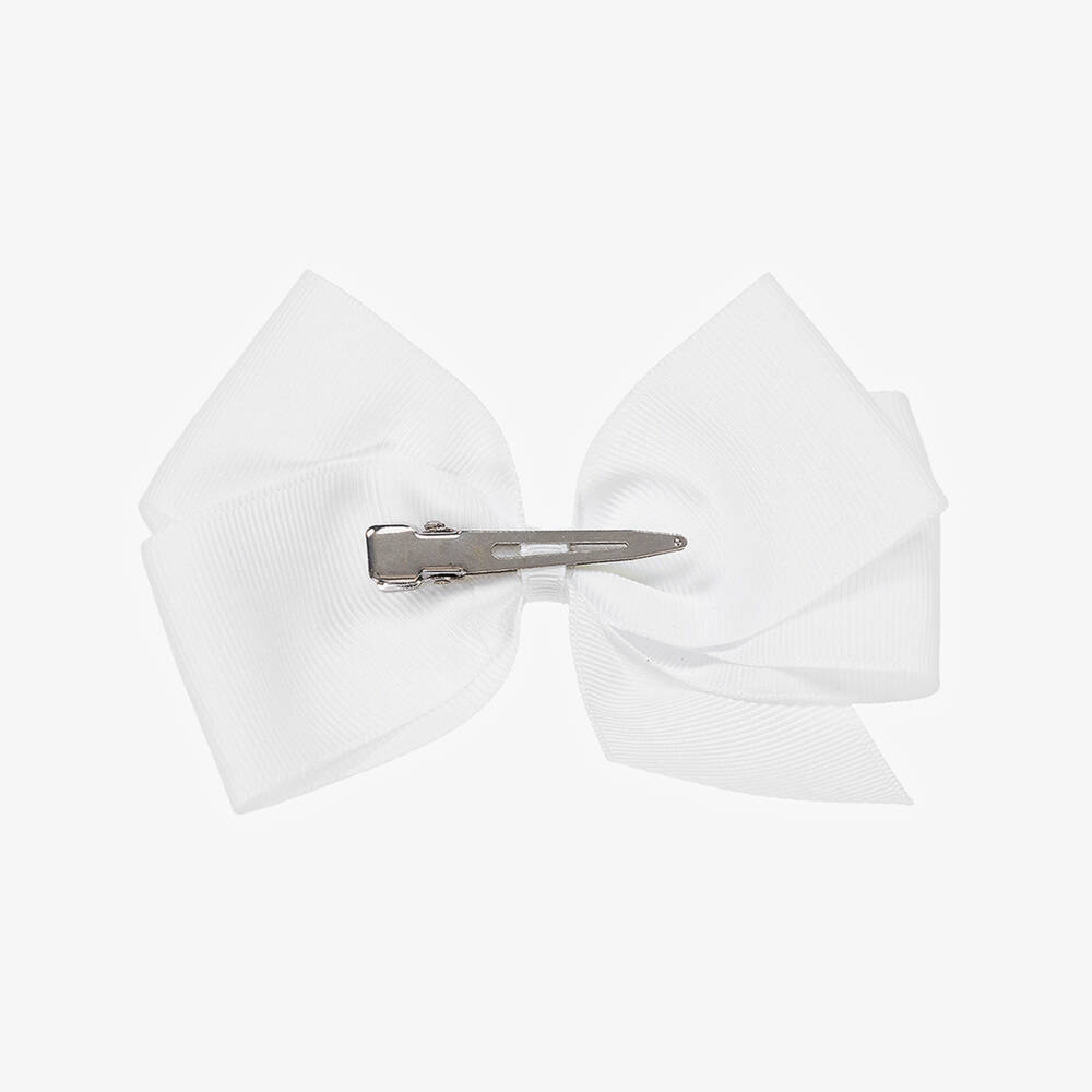 Peach Ribbons-White Bow Hair Clip (12cm) | Childrensalon