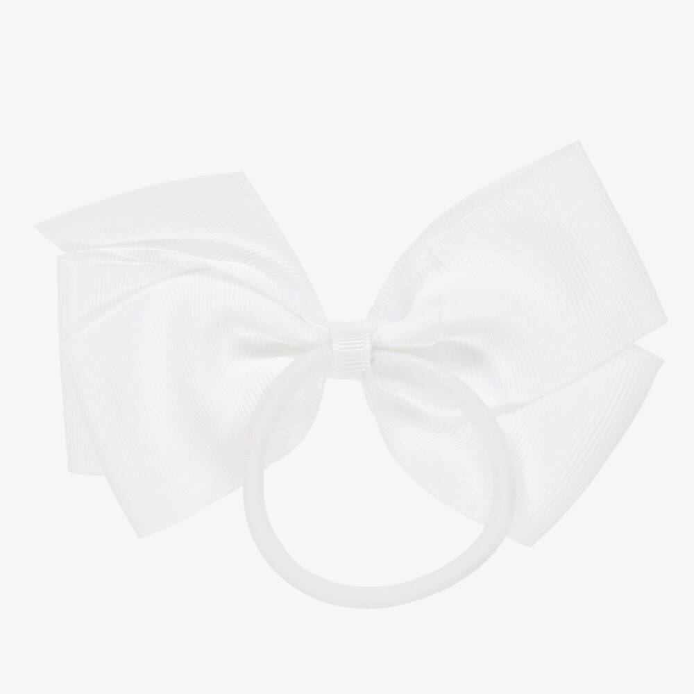 Peach Ribbons-White Bow Hair Elastic (12cm) | Childrensalon