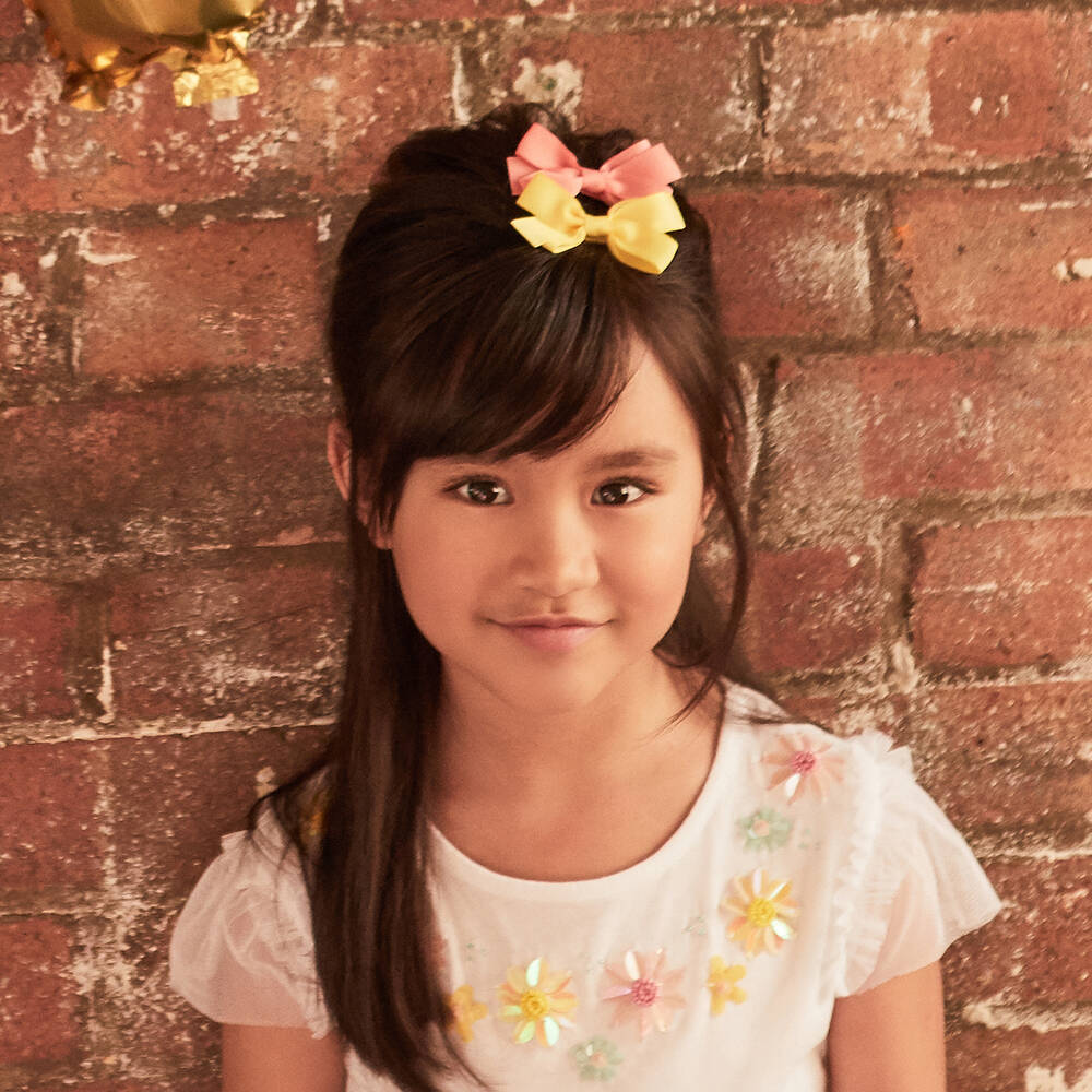 Peach Ribbons-Yellow Bow Hair Clip (7cm) | Childrensalon