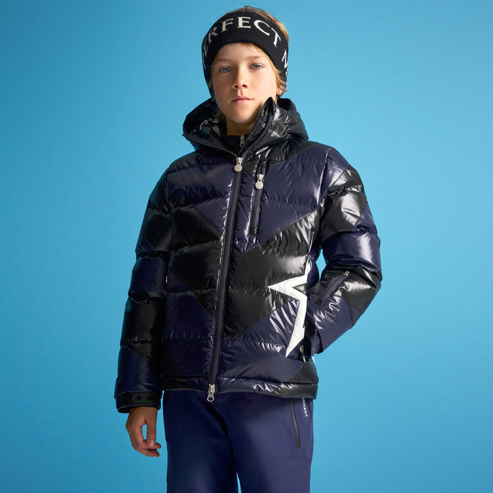 Perfect Moment-جاكيت تزلج مبطن بالريش لون أسود وأزرق للأطفال | Childrensalon