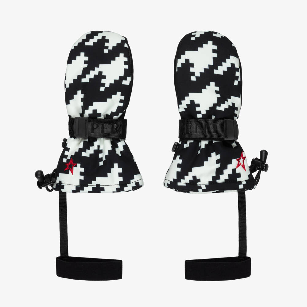 Perfect Moment-Black & White Houndstooth Davos Ski Mittens with Red Star Logo | Childrensalon