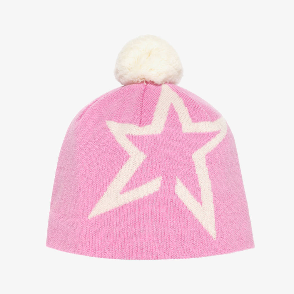 Perfect Moment-Girls Pink & Ivory Star Merino Wool Beanie Hat | Childrensalon