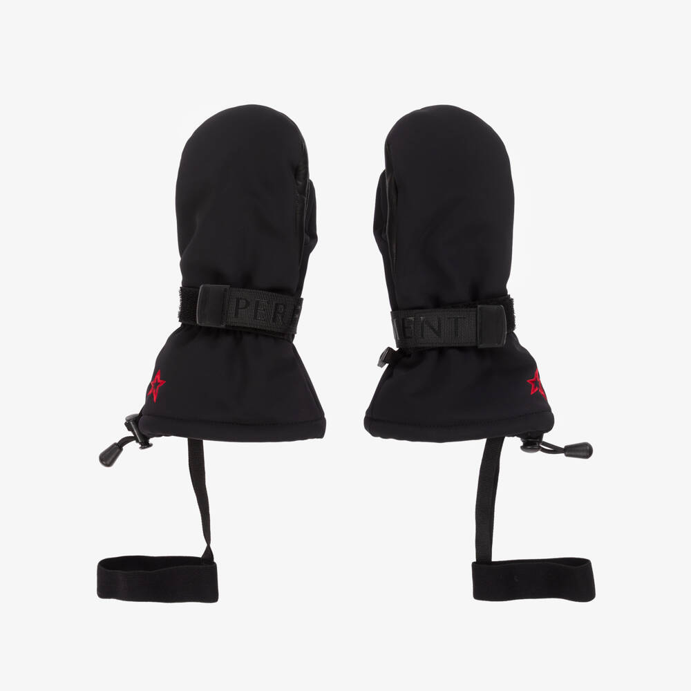 Perfect Moment-Matt Black Davos Ski Mittens with Red Embroidered Star Logo | Childrensalon
