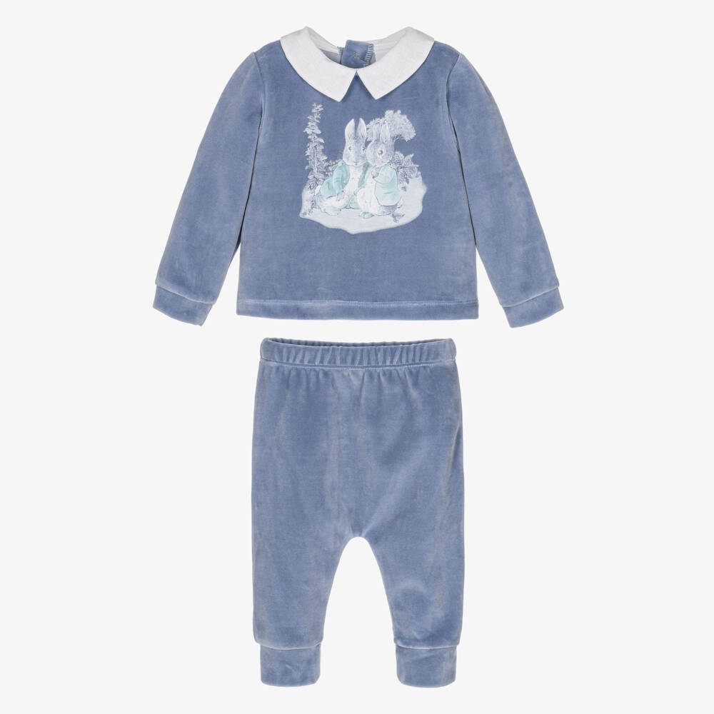 Peter Rabbit™ by Childrensalon-Baby Boys Blue Velour Trouser Set with Peter Rabbit Print | Childrensalon