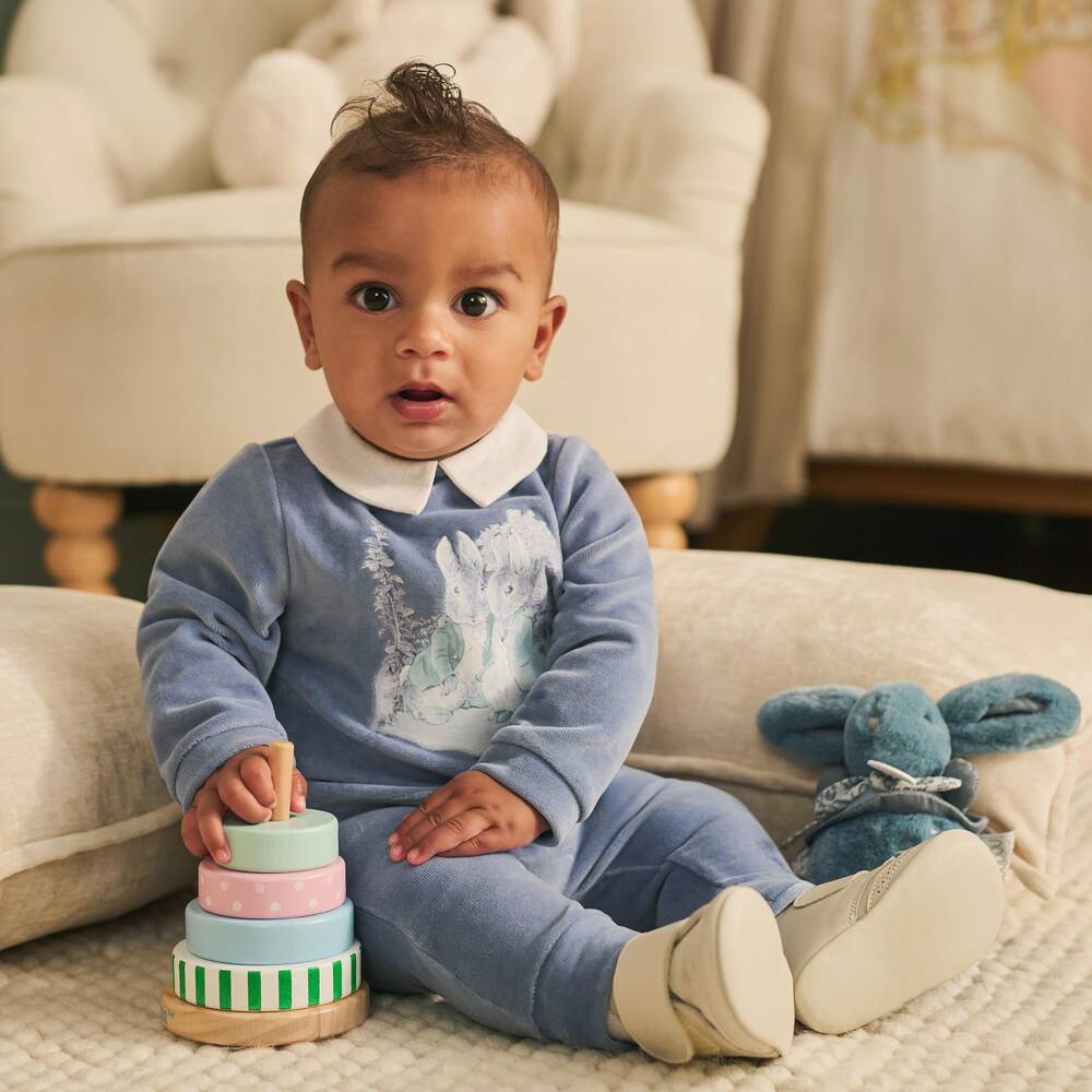 Peter Rabbit™ by Childrensalon-Baby Boys Blue Velour Trouser Set with Peter Rabbit Print | Childrensalon