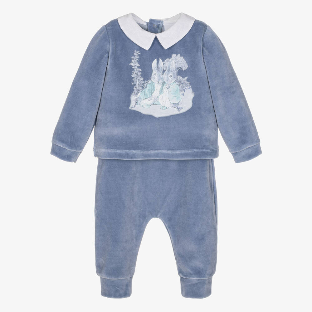 Peter Rabbit™ by Childrensalon-Baby Boys Blue Velour Trouser Set with Peter Rabbit Print | Childrensalon
