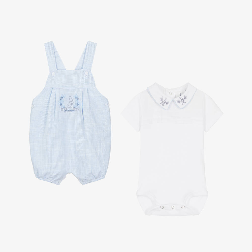 Peter Rabbit™ by Childrensalon-Baby Boys Blue & White Cotton Embroidered Dungaree Set | Childrensalon
