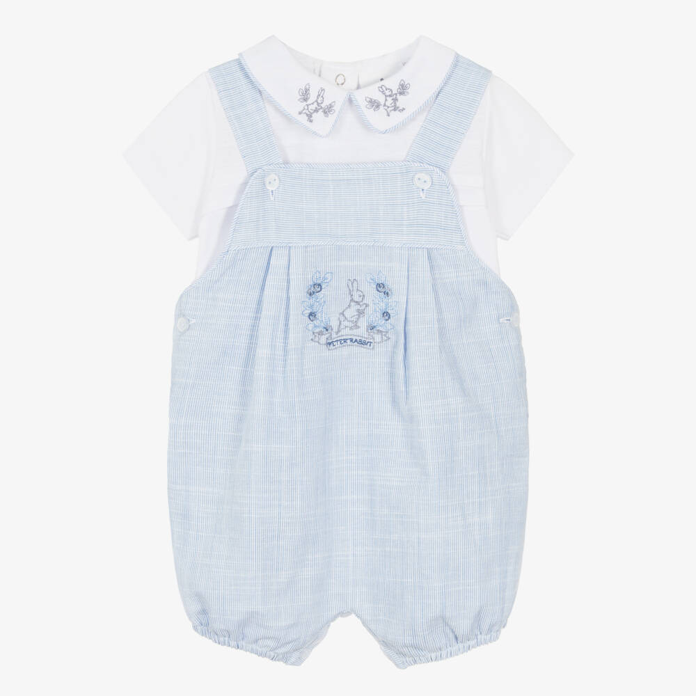 Peter Rabbit™ by Childrensalon-Baby Boys Blue & White Cotton Embroidered Dungaree Set | Childrensalon