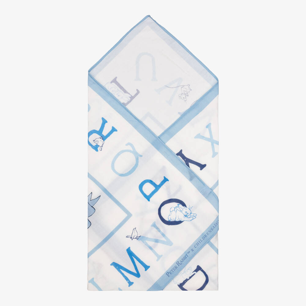Peter Rabbit™ by Childrensalon-Blue Cotton Swaddle with Peter Rabbit Alphabet Print (97cm) | Childrensalon