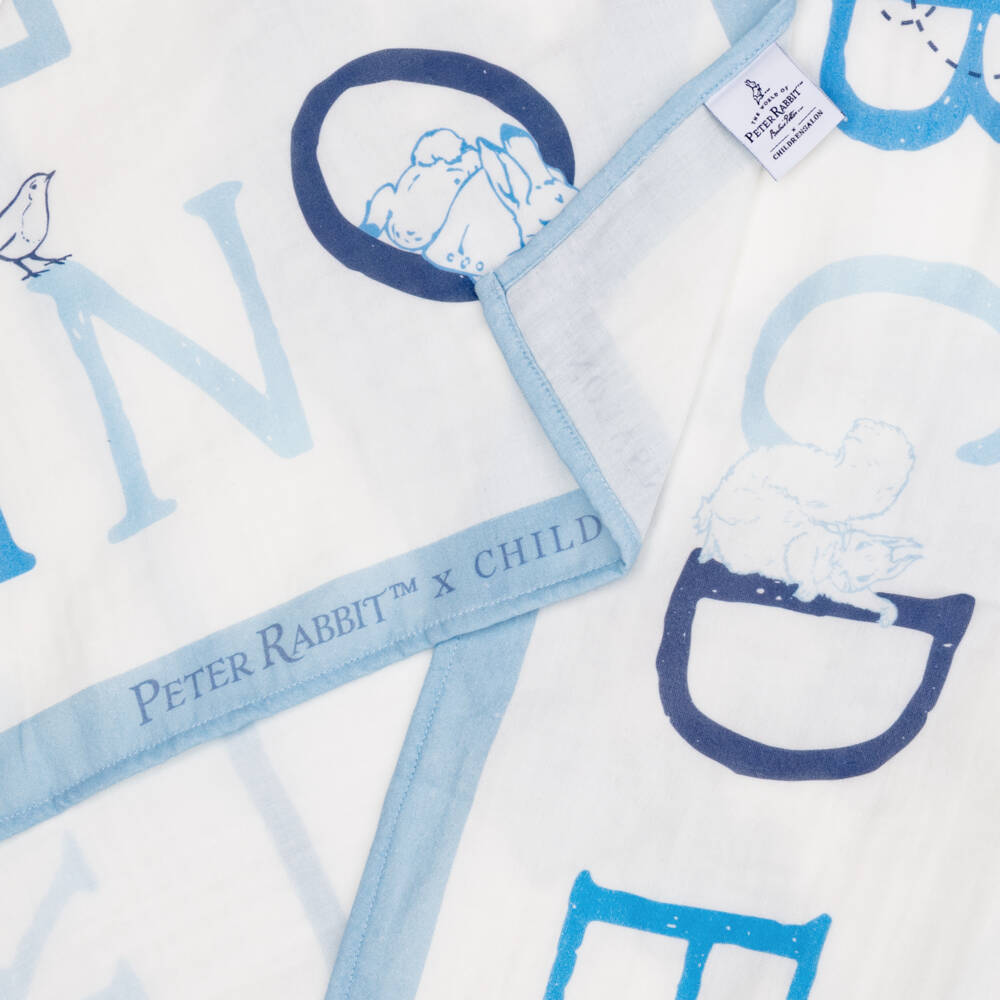 Peter Rabbit™ by Childrensalon-Blue Cotton Swaddle with Peter Rabbit Alphabet Print (97cm) | Childrensalon
