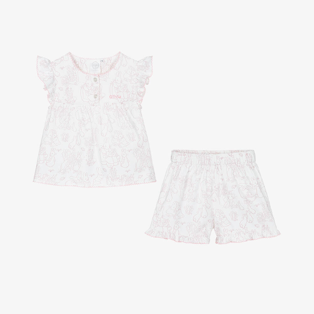 Peter Rabbit™ by Childrensalon-Girls Personalised White & Pink Short Pyjamas | Childrensalon