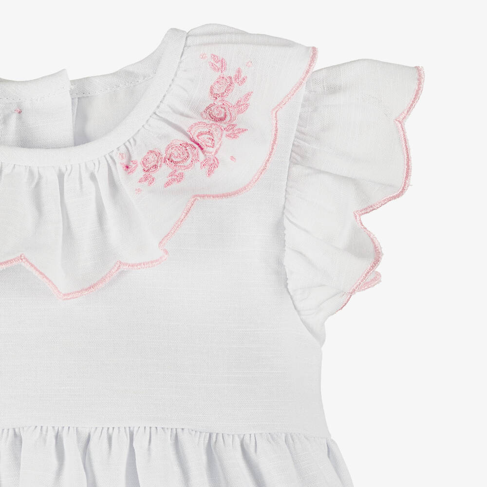 Peter Rabbit™ by Childrensalon-Girls White Cotton & Linen Dress with Pink Embroidery | Childrensalon