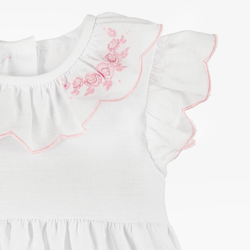 Peter Rabbit™ by Childrensalon-Girls White Cotton & Linen Dress with Pink Embroidery | Childrensalon
