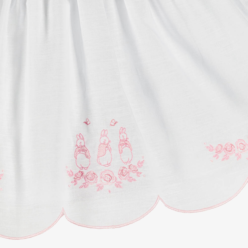 Peter Rabbit™ by Childrensalon-Girls White Cotton & Linen Dress with Pink Embroidery | Childrensalon