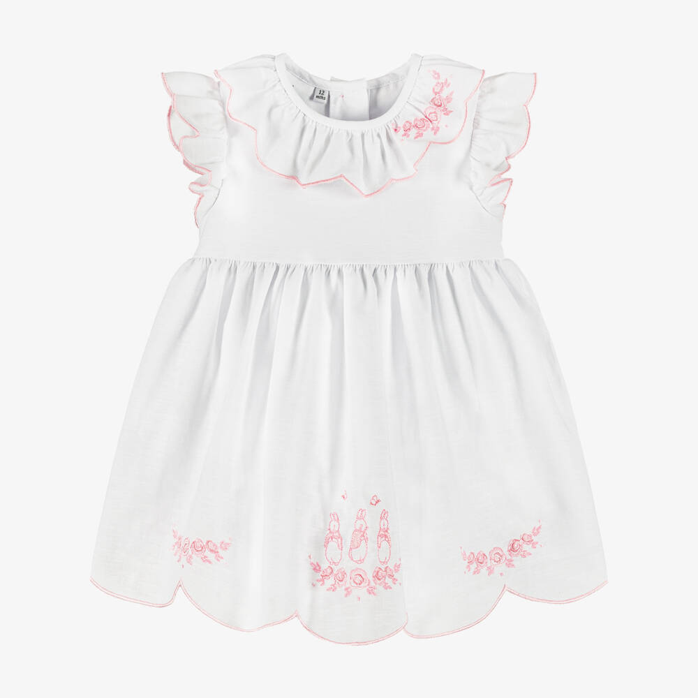 Peter Rabbit™ by Childrensalon-Girls White Cotton & Linen Dress with Pink Embroidery | Childrensalon