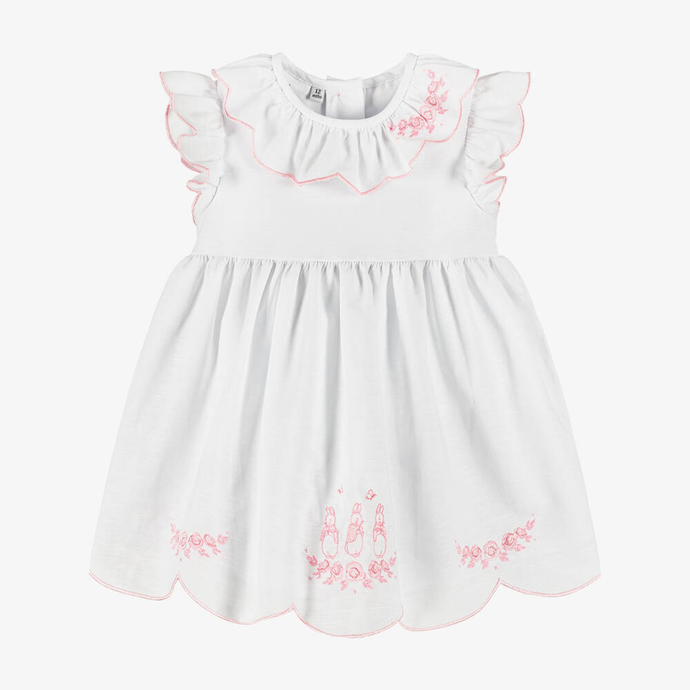 Peter Rabbit™ by Childrensalon-Girls White Cotton & Linen Dress with Pink Embroidery | Childrensalon