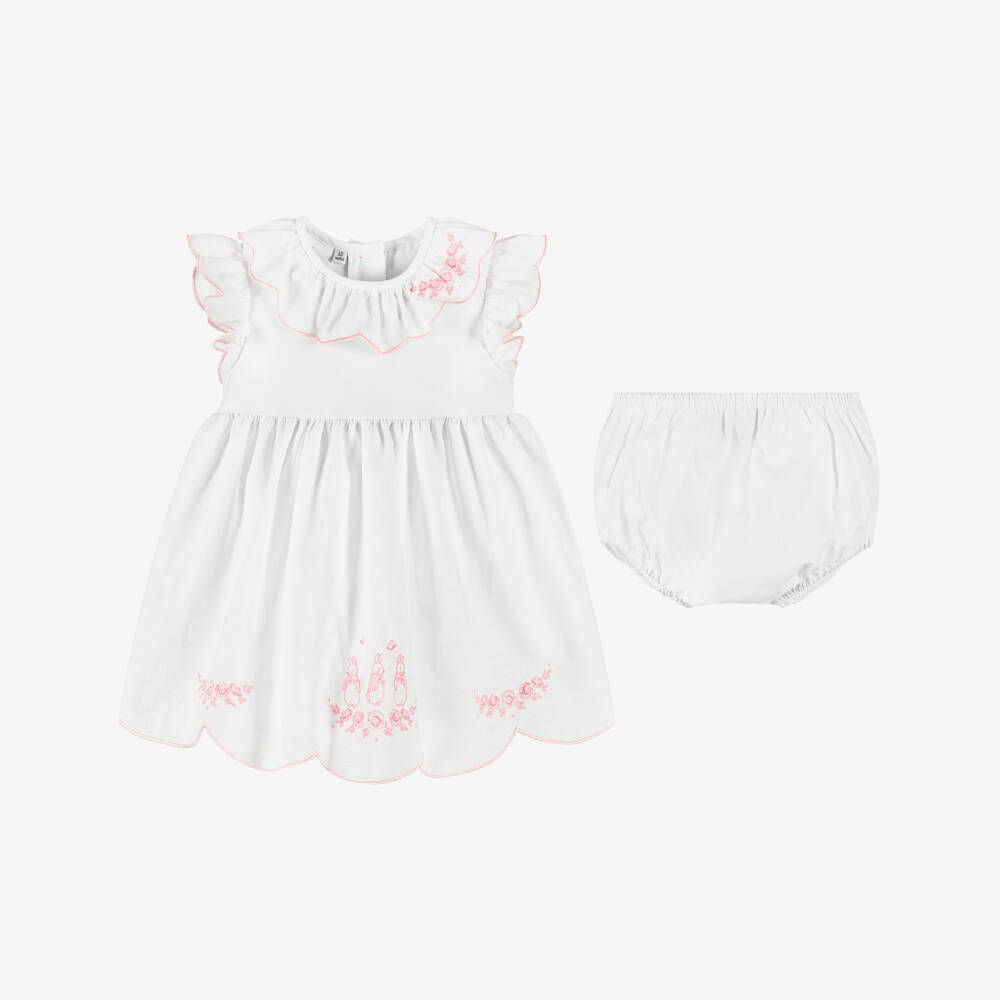 Peter Rabbit™ by Childrensalon-Girls White Cotton & Linen Dress with Pink Embroidery | Childrensalon