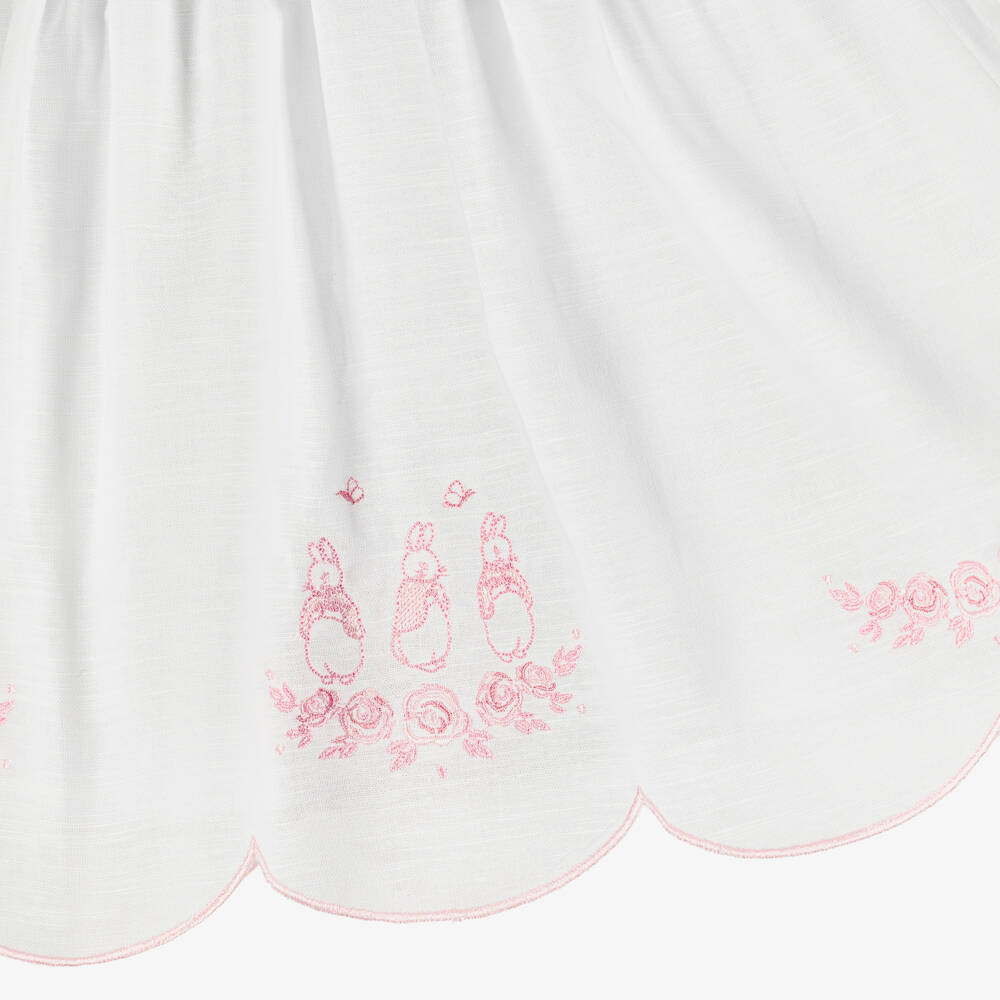 Peter Rabbit™ by Childrensalon-Girls White Cotton & Linen Dress with Pink Embroidery | Childrensalon