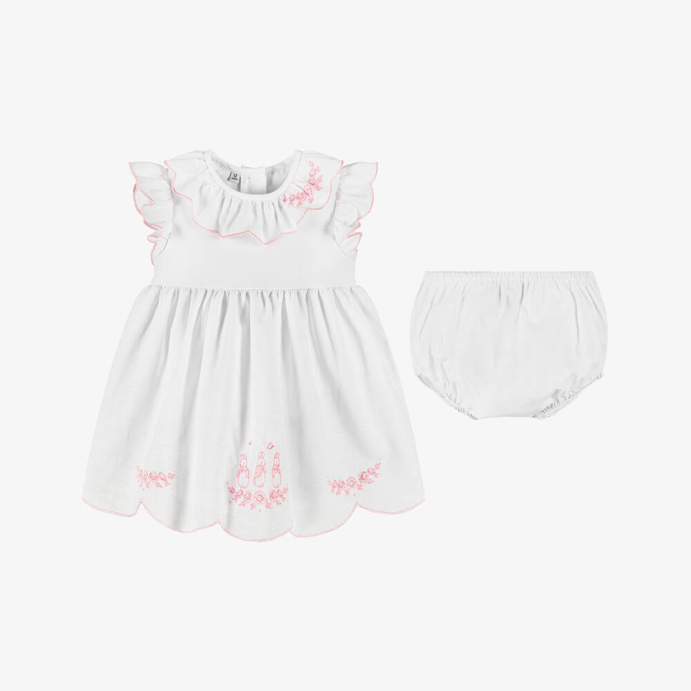 Peter Rabbit™ by Childrensalon-Girls White Cotton & Linen Dress with Pink Embroidery | Childrensalon
