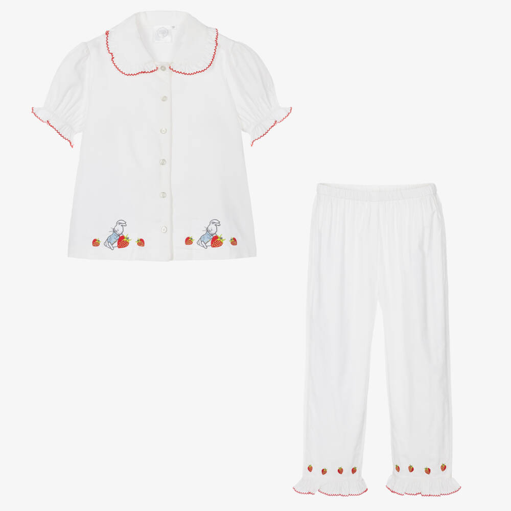 Peter Rabbit™ by Childrensalon-Girls White Embroidered Strawberry Cotton Pyjamas | Childrensalon