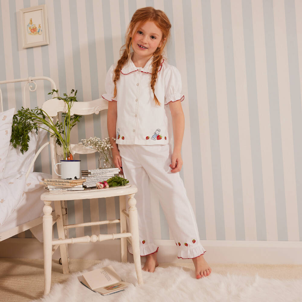 Peter Rabbit™ by Childrensalon-Girls White Embroidered Strawberry Cotton Pyjamas | Childrensalon