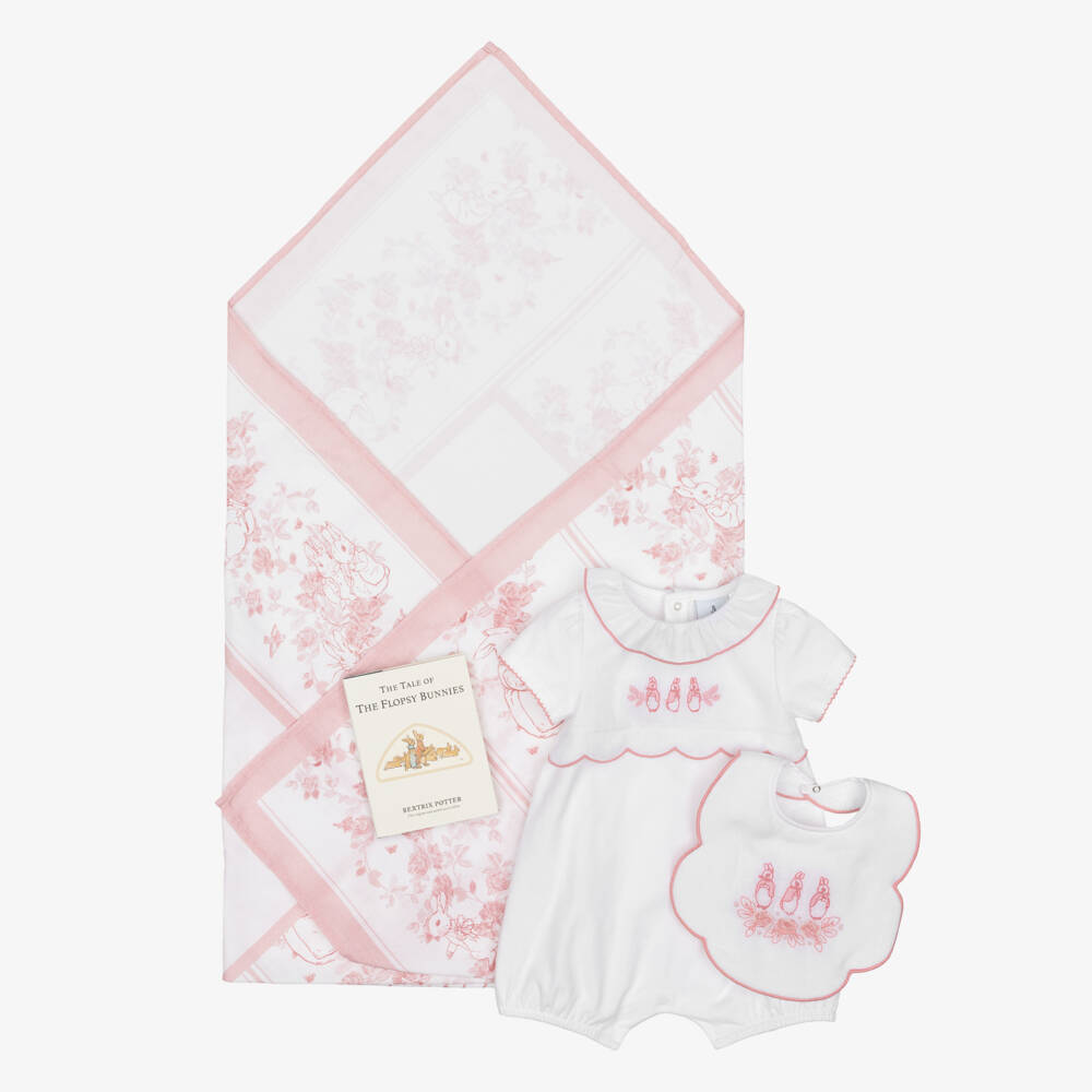 Peter Rabbit™ by Childrensalon-Girls White & Pink Flopsy Bunnies Cotton Babysuit Set  | Childrensalon