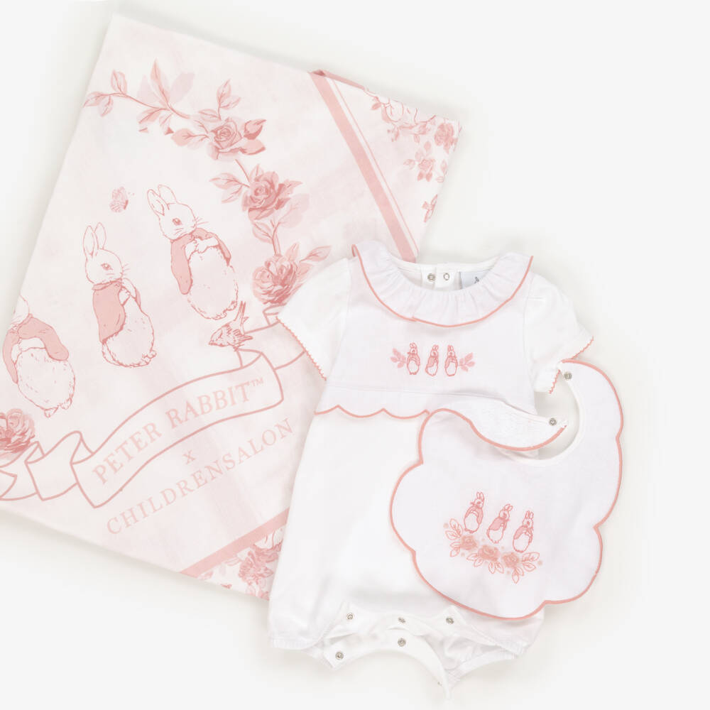 Peter Rabbit™ by Childrensalon-Girls White & Pink Flopsy Bunnies Cotton Babysuit Set | Childrensalon