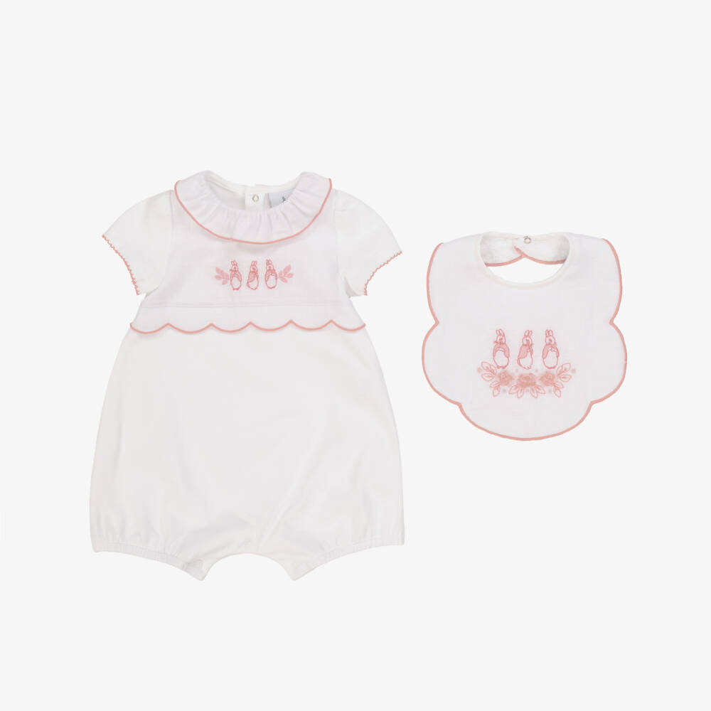 Peter Rabbit™ by Childrensalon-Girls White & Pink Flopsy Bunnies Cotton Babysuit Set | Childrensalon