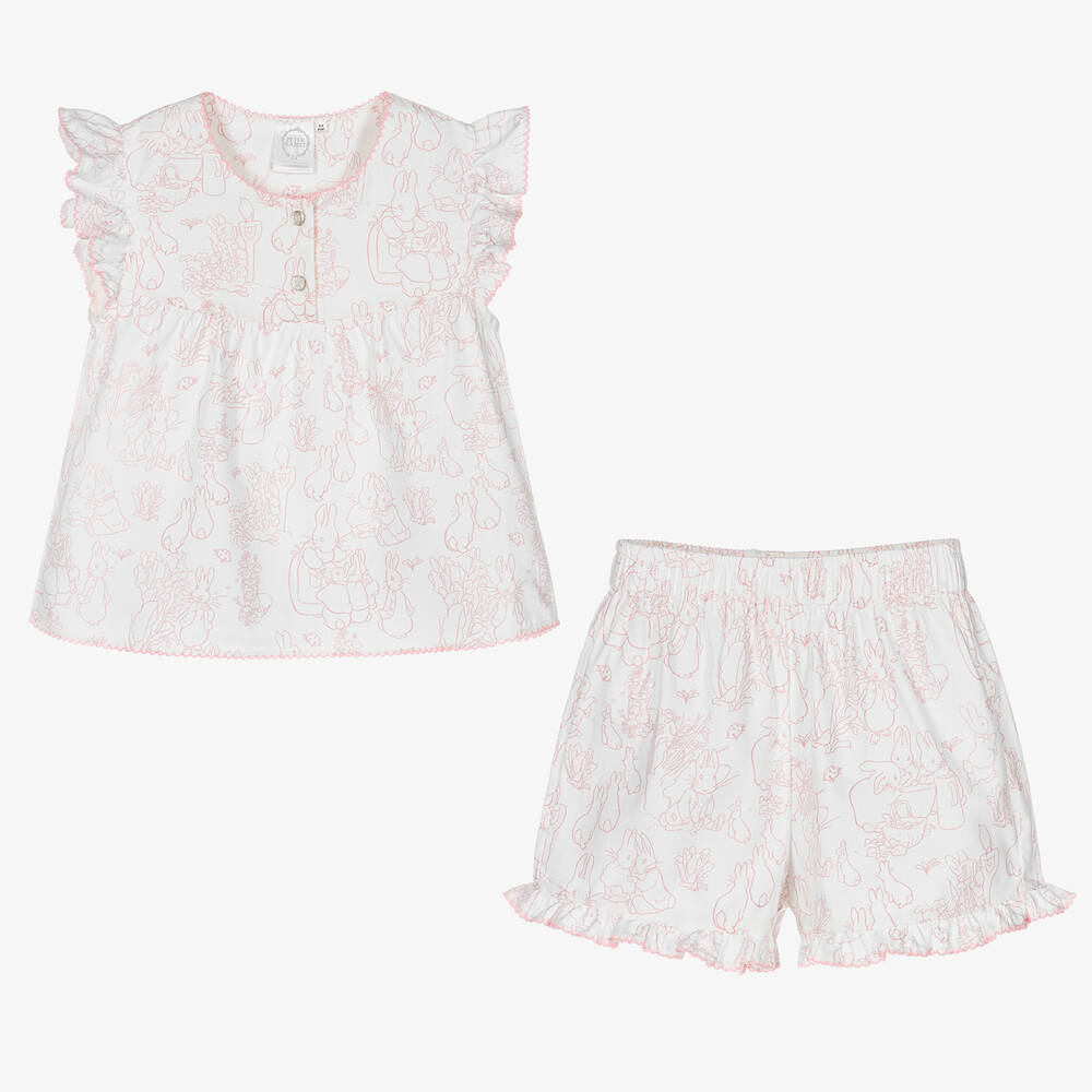 Peter Rabbit™ by Childrensalon-Girls White & Pink Short Cotton Pyjamas | Childrensalon