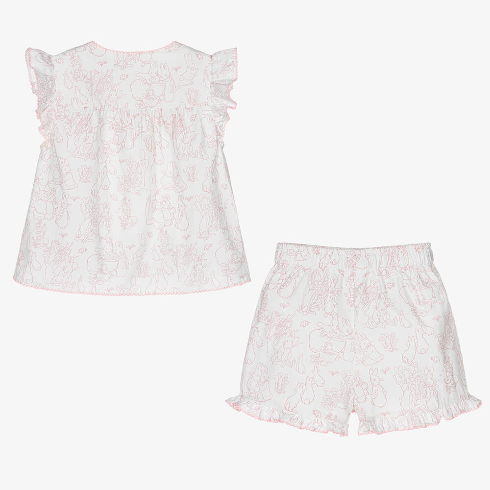 Peter Rabbit™ by Childrensalon-Girls White & Pink Short Cotton Pyjamas | Childrensalon