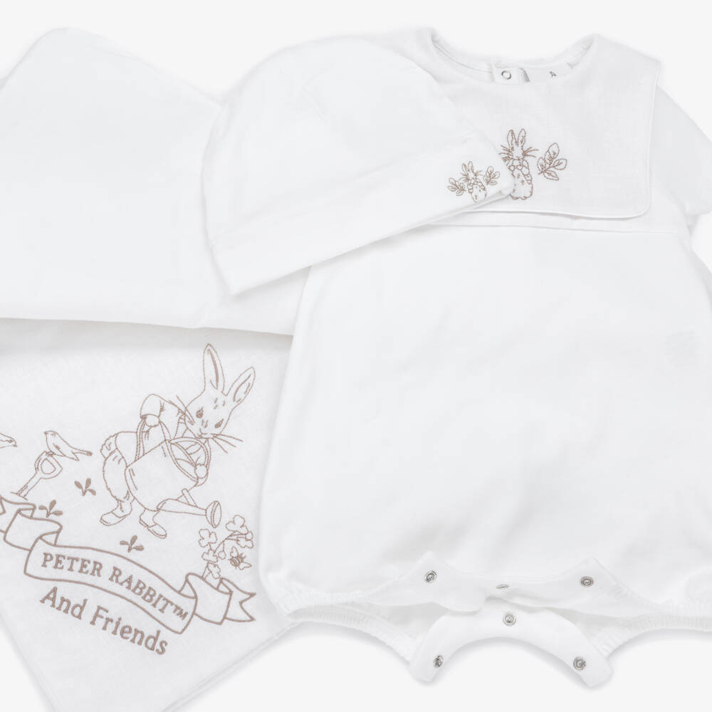 Peter Rabbit™ by Childrensalon-Ivory Cotton Baby Shortie Set with Beige Embroidery | Childrensalon