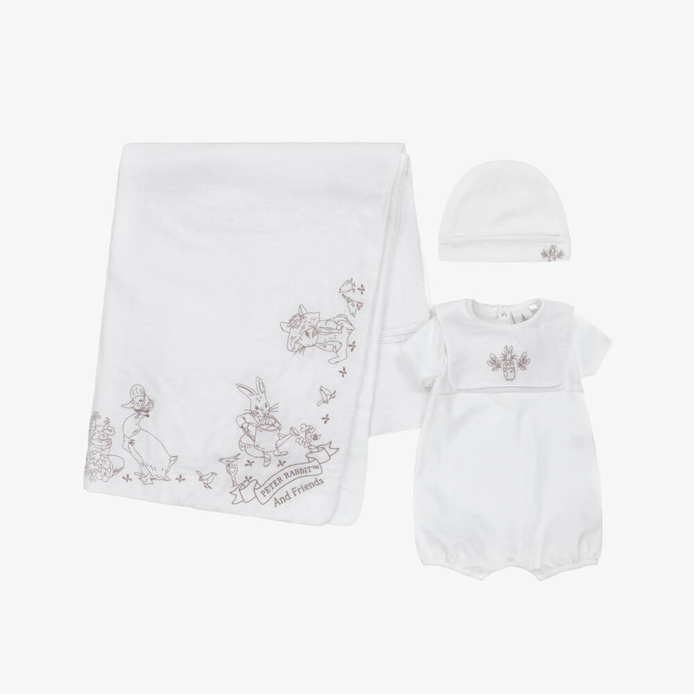 Peter Rabbit™ by Childrensalon-Ivory Cotton Baby Shortie Set with Beige Embroidery | Childrensalon