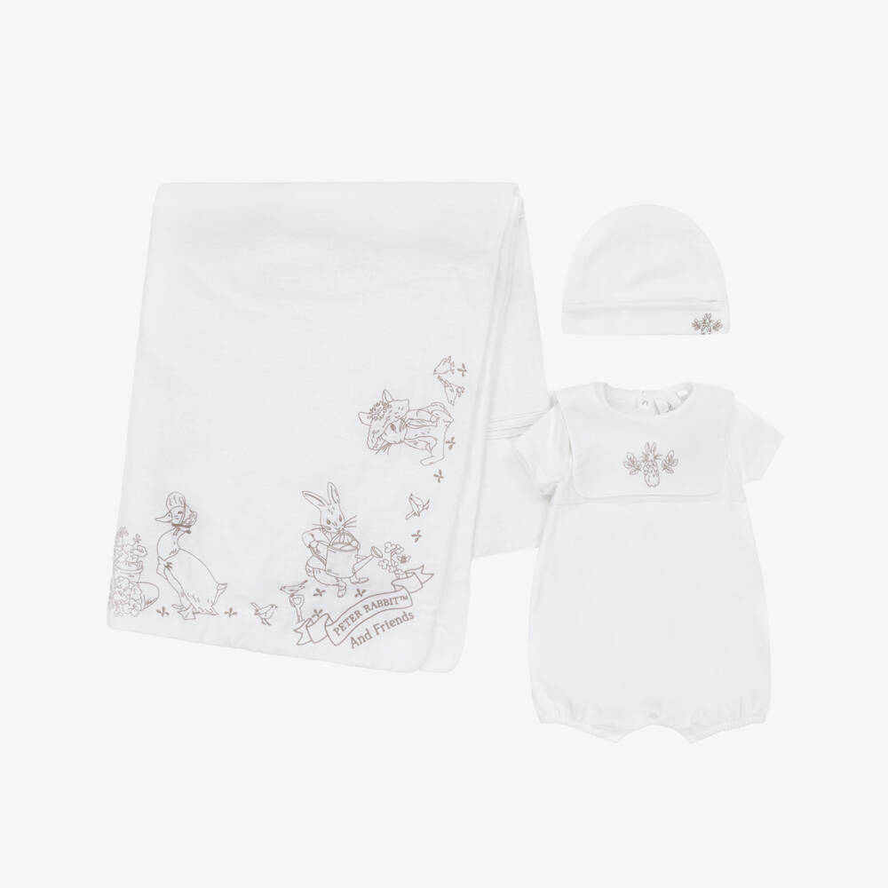Peter Rabbit™ by Childrensalon-Ivory Cotton Baby Shortie Set with Beige Embroidery | Childrensalon