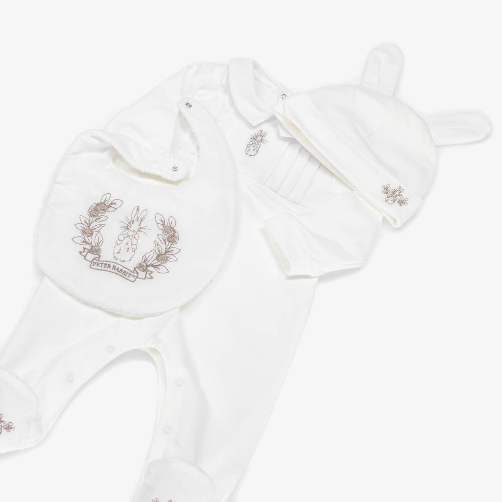 Peter Rabbit™ by Childrensalon-Ivory Cotton & Linen Babysuit Set with Beige Embroidery | Childrensalon