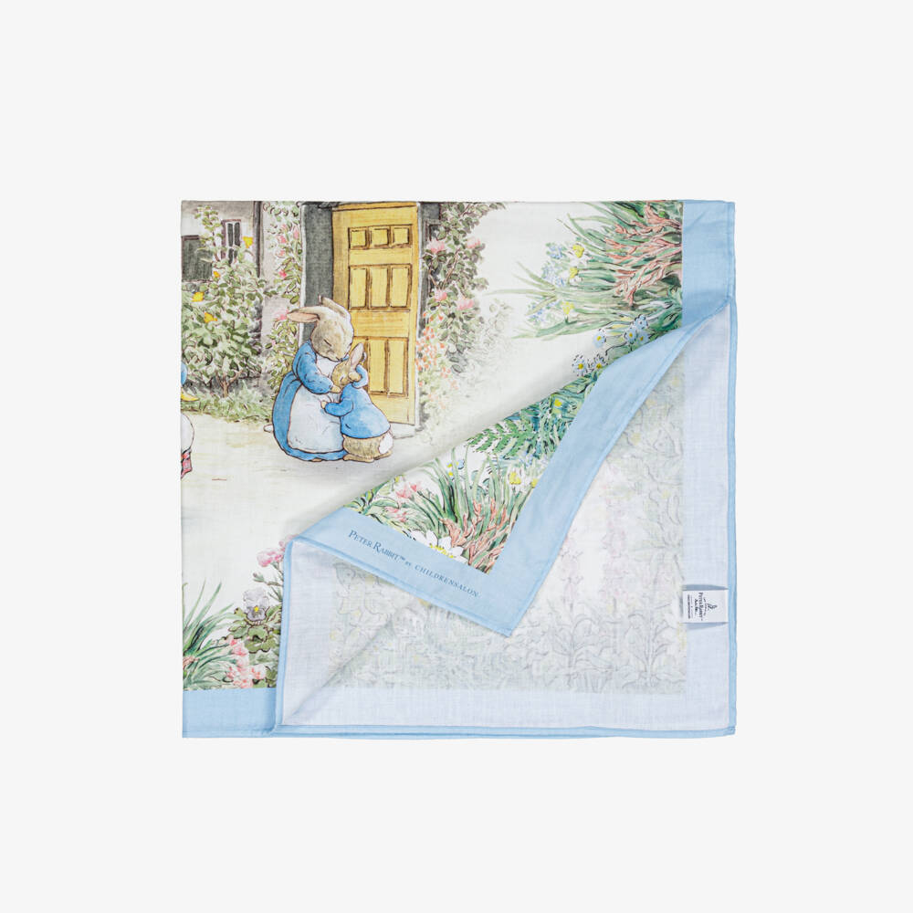 Peter Rabbit™ by Childrensalon-Personalised Ivory & Blue Cotton Swaddle (100cm) | Childrensalon