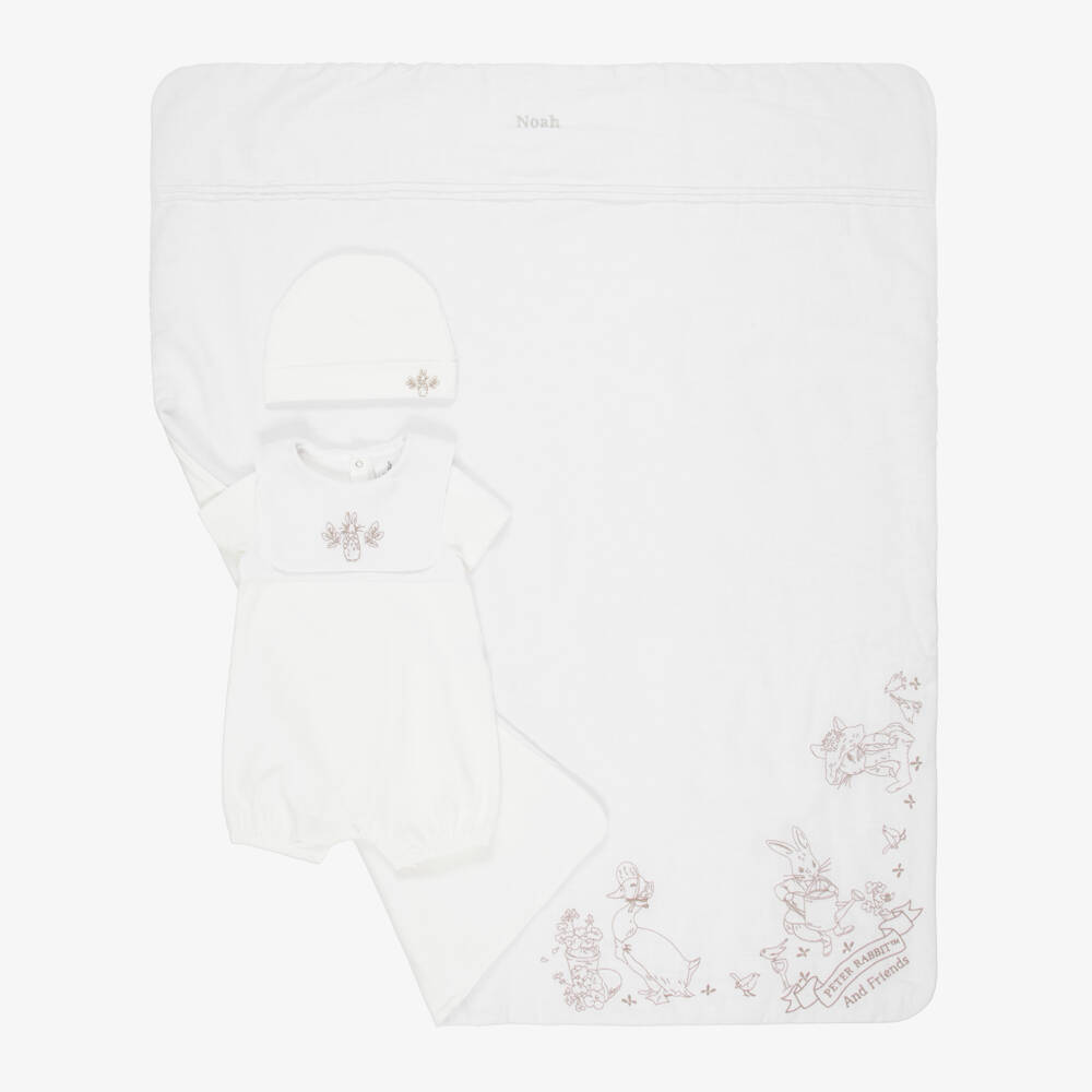 Peter Rabbit™ by Childrensalon-Комплект с песочником кремовый именной из хлопка с бежевой вышивкой для малышей | Childrensalon