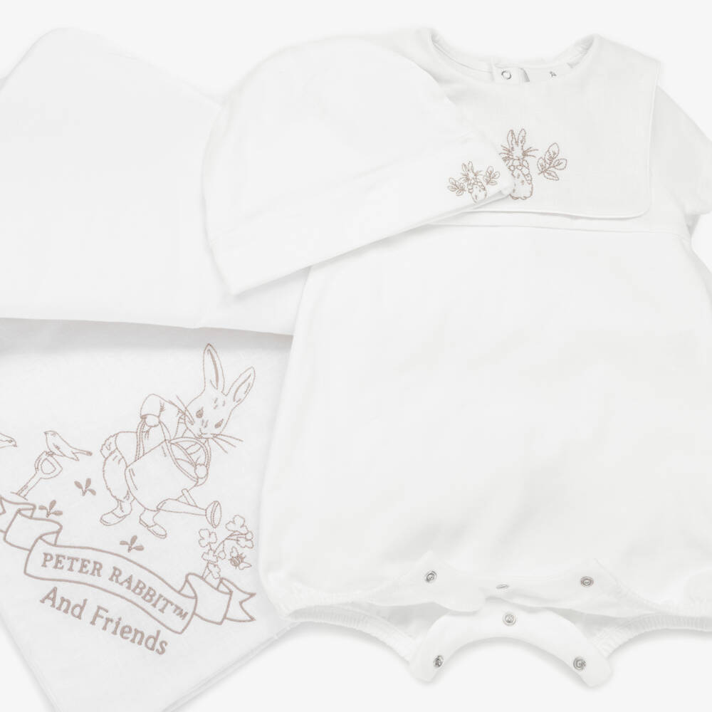 Peter Rabbit™ by Childrensalon-Personalised Ivory Cotton Babysuit Set with Beige Embroidery | Childrensalon