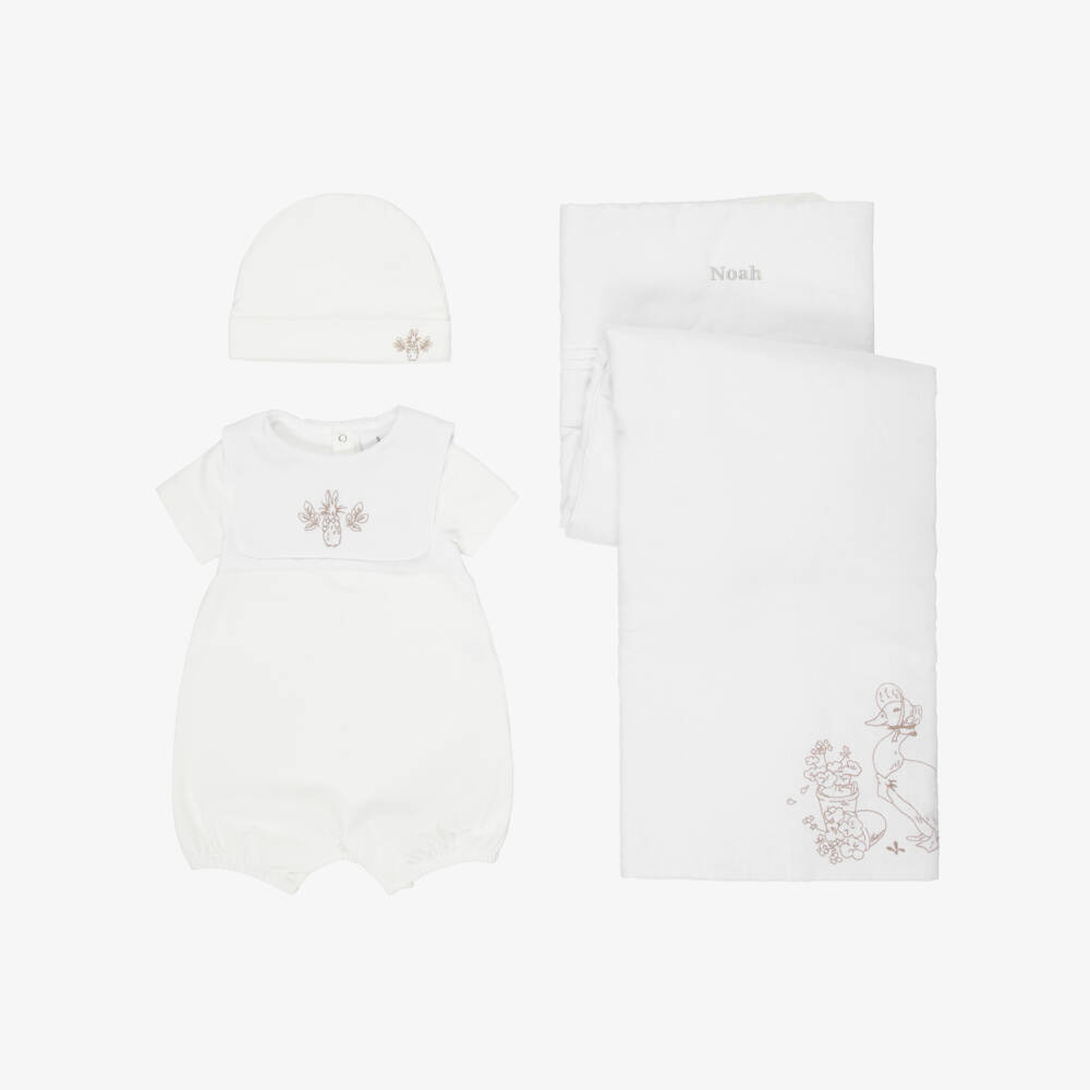 Peter Rabbit™ by Childrensalon-Personalised Ivory Cotton Babysuit Set with Beige Embroidery | Childrensalon