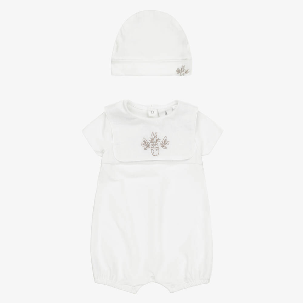 Peter Rabbit™ by Childrensalon-Personalised Ivory Cotton Babysuit Set with Beige Embroidery | Childrensalon
