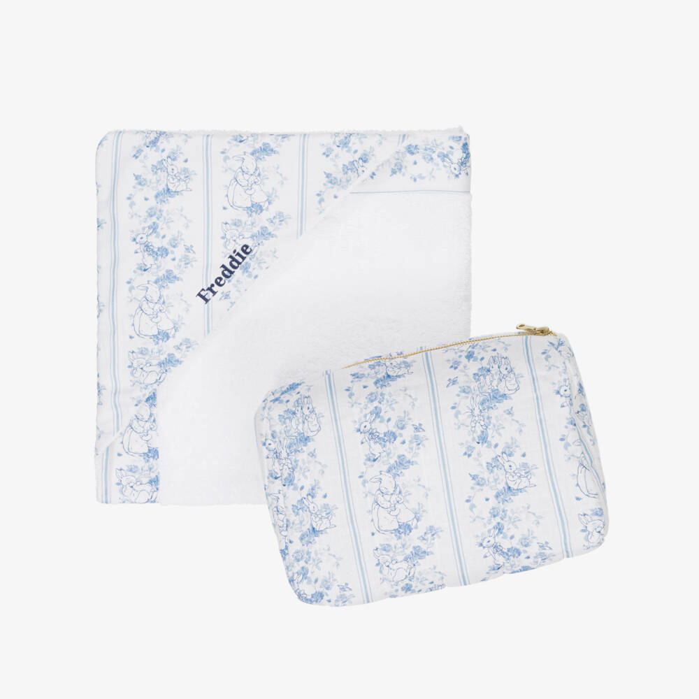 Peter Rabbit™ by Childrensalon-Personalised White Hooded Baby Towel & Wash Bag Set | Childrensalon