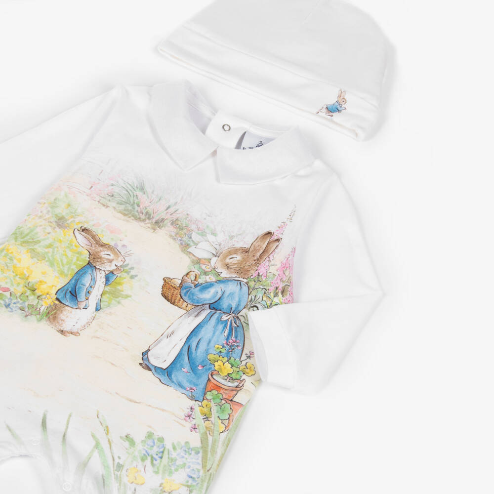 Peter Rabbit™ by Childrensalon-White Cotton Jersey Peter Rabbit Babygrow & Hat Set | Childrensalon