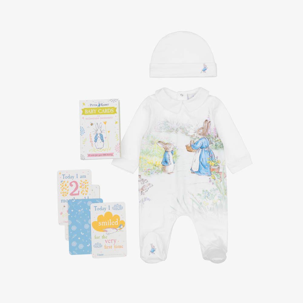 Peter Rabbit™ by Childrensalon-White Peter Rabbit Babygrow Set with Milestone Cards | Childrensalon