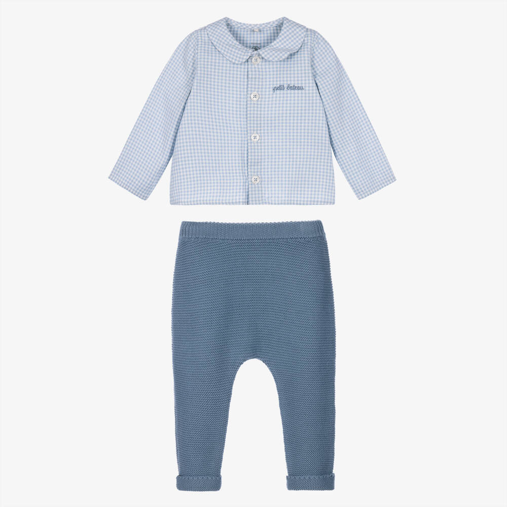 Petit Bateau-Baby Boys Blue Gingham Check Shirt & Trousers Set | Childrensalon